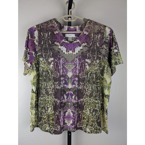 CJ Banks Short Sleeve V-neck T-shirt Green Purple Stamped Studded - Picture 1 of 5